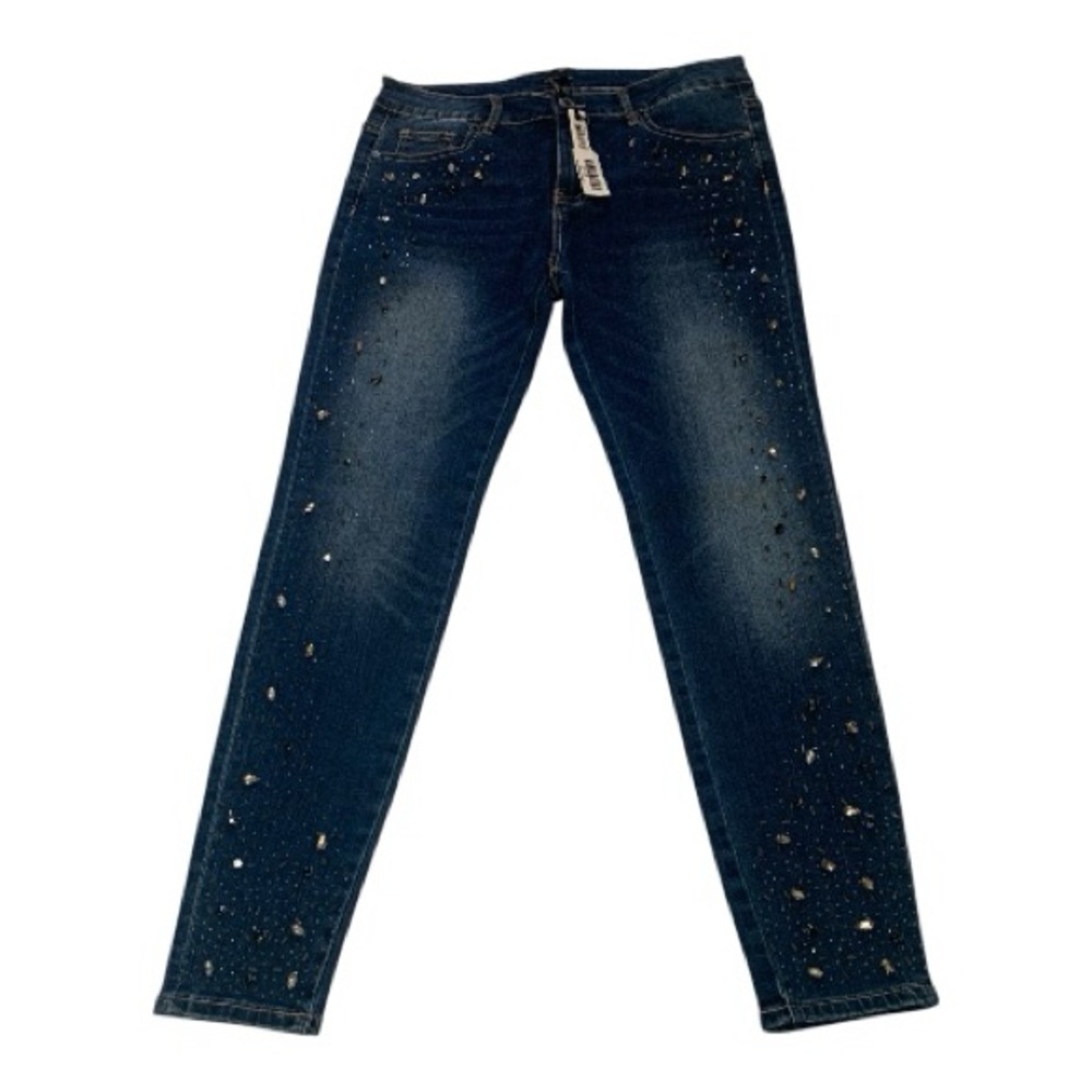 Coco + Carmen Dark Blue Wash Distressed Beaded Skinny Jeans High Rise Size L/XL - Picture 1 of 14